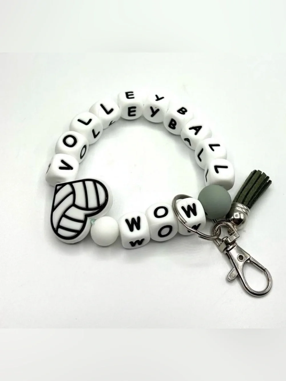 Volleyball Mom Heart Beaded Stretch Keychain Bracelet- White & Black